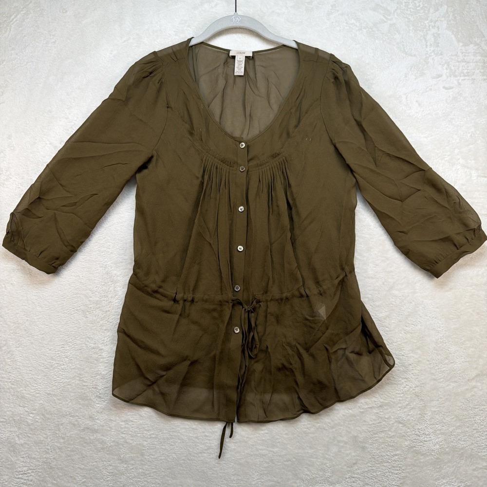 J.Crew Silk Peasant Top Women's Army Green Boho Blouse Tunic Size 8